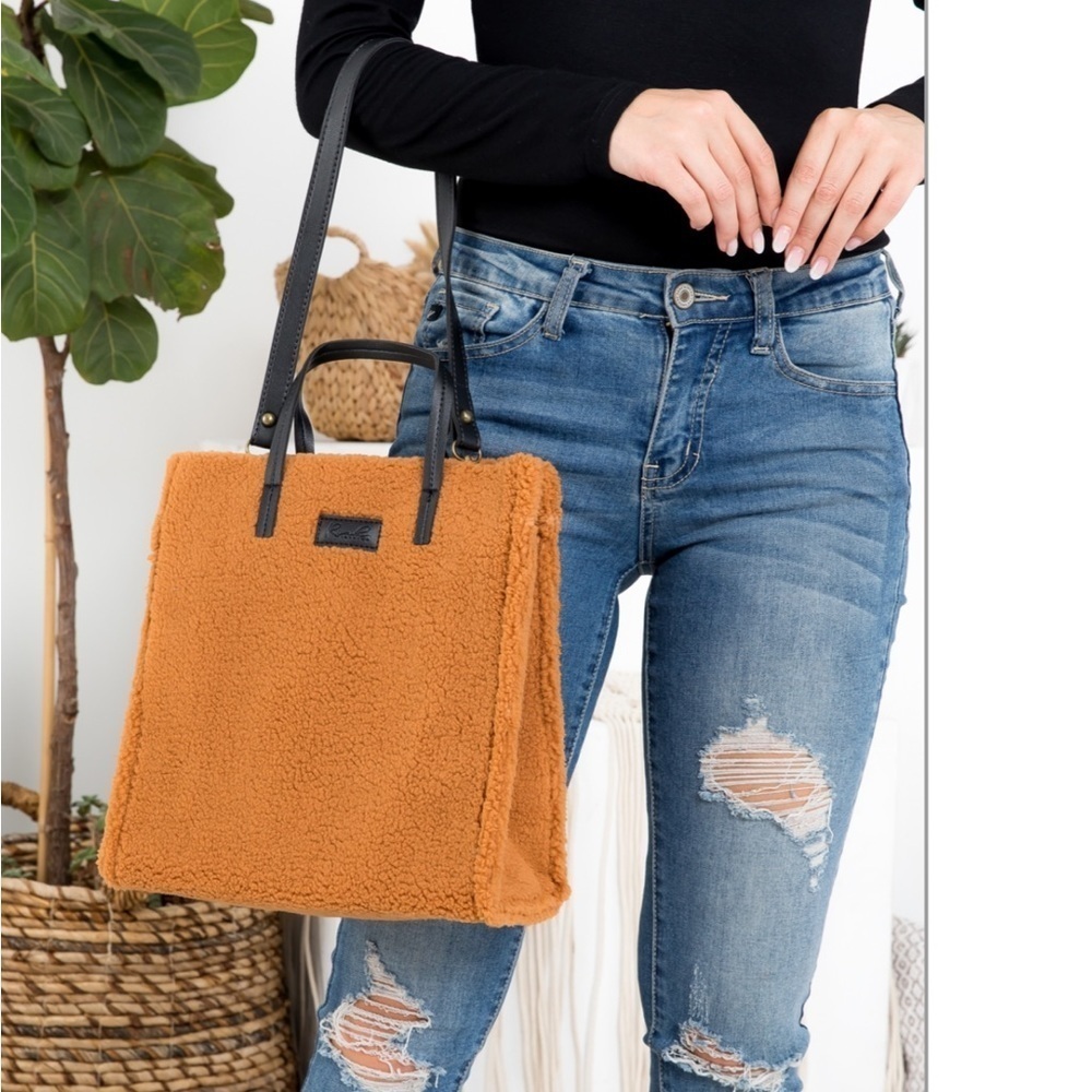 Riah Fashion Fleece Fur Tote Bag with Removable Strap Caramel